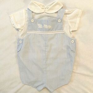 Vintage Baby Togs Boys Blue White Striped Elephants Shortall Romper 6-9M